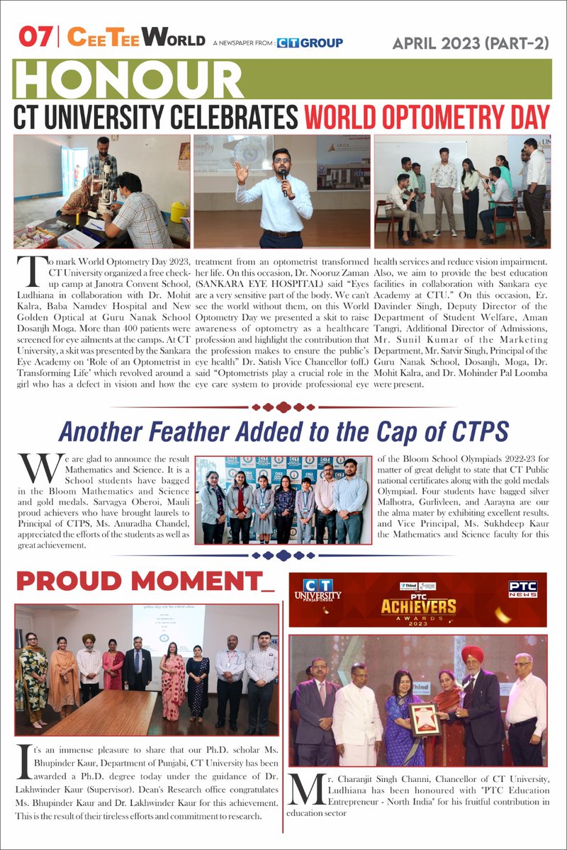 CT_University's tweet photo. Here is part two of the Cee Tee World Newsletter of April 2023. It covers the major activities of CT Group.
#ceeteeworld #April2023 #newsletter #CTG #CTU #jalandhar #punjab #bestplacement #besteducation #celebrating25years #silverjubilee #25yearsoflegacy #CTians #TeamCT https://t.co/S360PJ9D0K