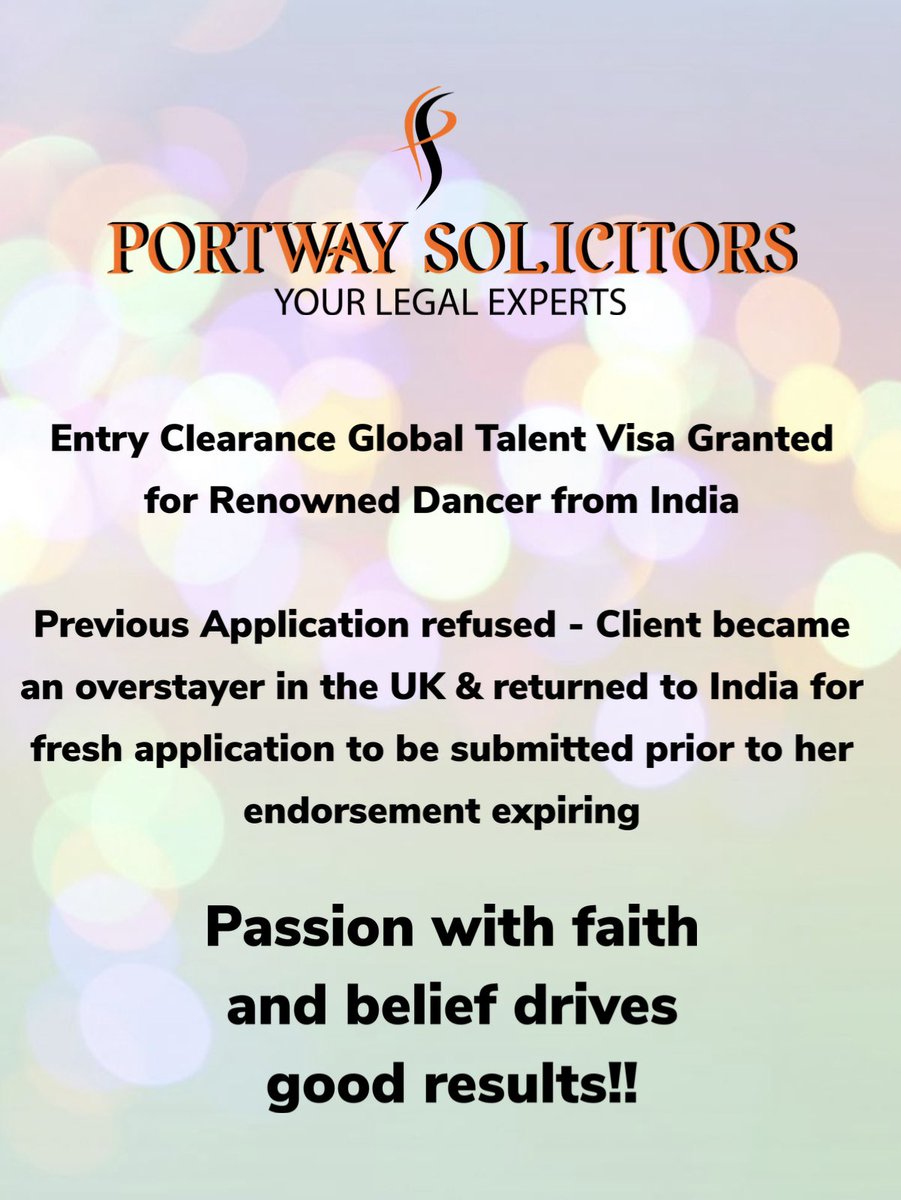 #EntryClearance #GlobalTalentVisa #Granted for Renowned #Dancer from #India
Previous Application refused - Client became #overstayer in UK & returned to India for fresh #application to be submitted prior to #endorsement expiring #Passion with #faith & #belief drives #goodresults