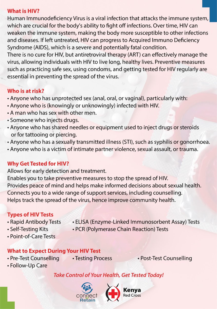 Connect_2Retain's tweet photo. Get tested for HIV to protect yourself and those you love! HIV testing is quick, easy, and confidential. Knowing your status is the first step in taking control of your health.
Don't wait, get tested today!
#Connect2Retain
@KenyaRedCross @LVCTKe @Amref_Kenya @USAIDKenya https://t.co/LBmgyU1SFO