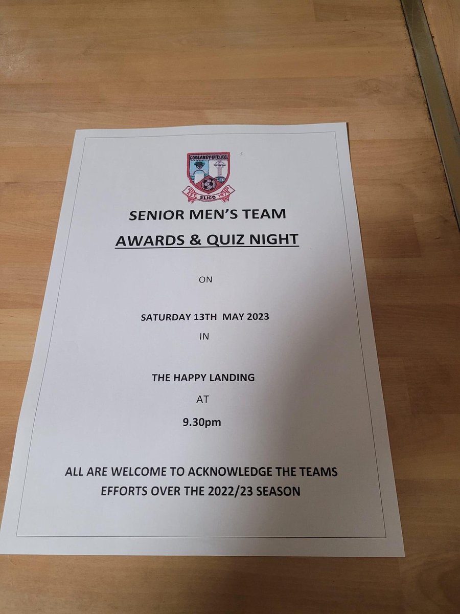 CoolaneyUtd's tweet photo. Our Awards Night 🏆😎

Takes place in the Happy Landing 🍻

Call in &amp; take part in our fundraising quiz, all kicks off at 9:30pm ⏰ 

Up Coolaney United☀️✅

@DslSligo https://t.co/NKb3FtGYdu