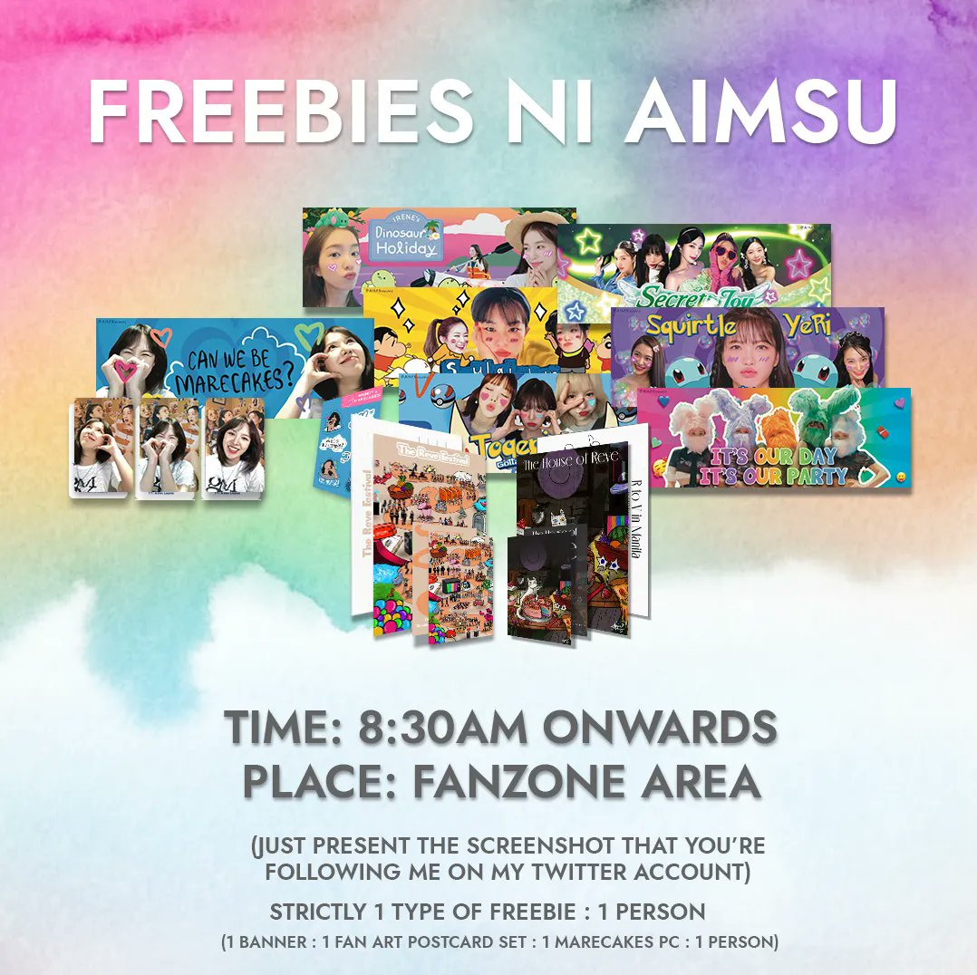 HELP RT!

R to V in Manila Freebies by <a href="/AIMSuuuuu/">Wendy's Marecakes 🩵</a>

💗 mbf like &amp; rt
💛 show screenshot that you followed me
💙limited qty; 1 type of Freebie:1 ONLY (check pubmat)
💚Time: 8:30AM Onwards
💜 Location: Fanzone Area (Tent 3)

#REDVELVETinMNL2023 #RtoV #Marecakes #freebiesniAimsu