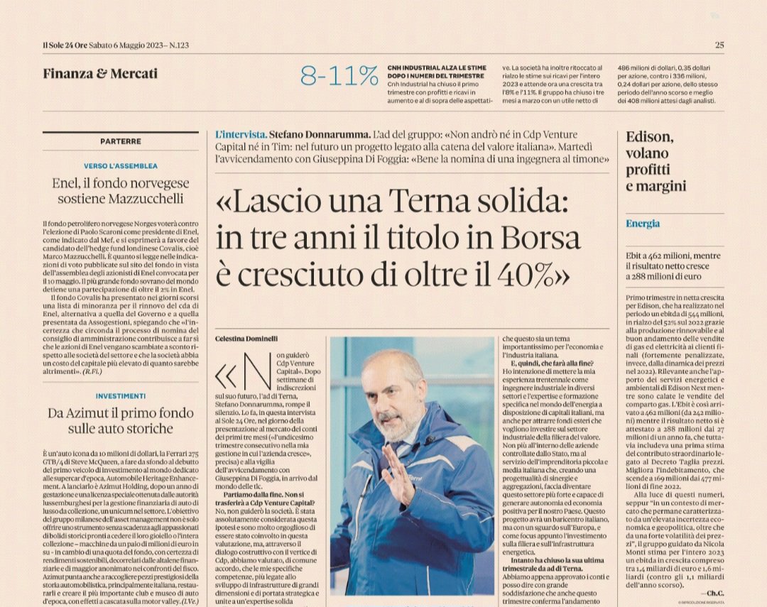 Il futuro lontano dalle #partecipate dallo Stato. E ancora, la partita sull'#Enel e le voci su #Tim. Mentre su #CdpVentureCapital dice: 'Non la guiderò'. Oggi sul @sole24ore l'intervista dell'ad di @TernaSpA, #StefanoDonnarumma. 'Lascio un gruppo solido'. 

#nomine #governoMeloni