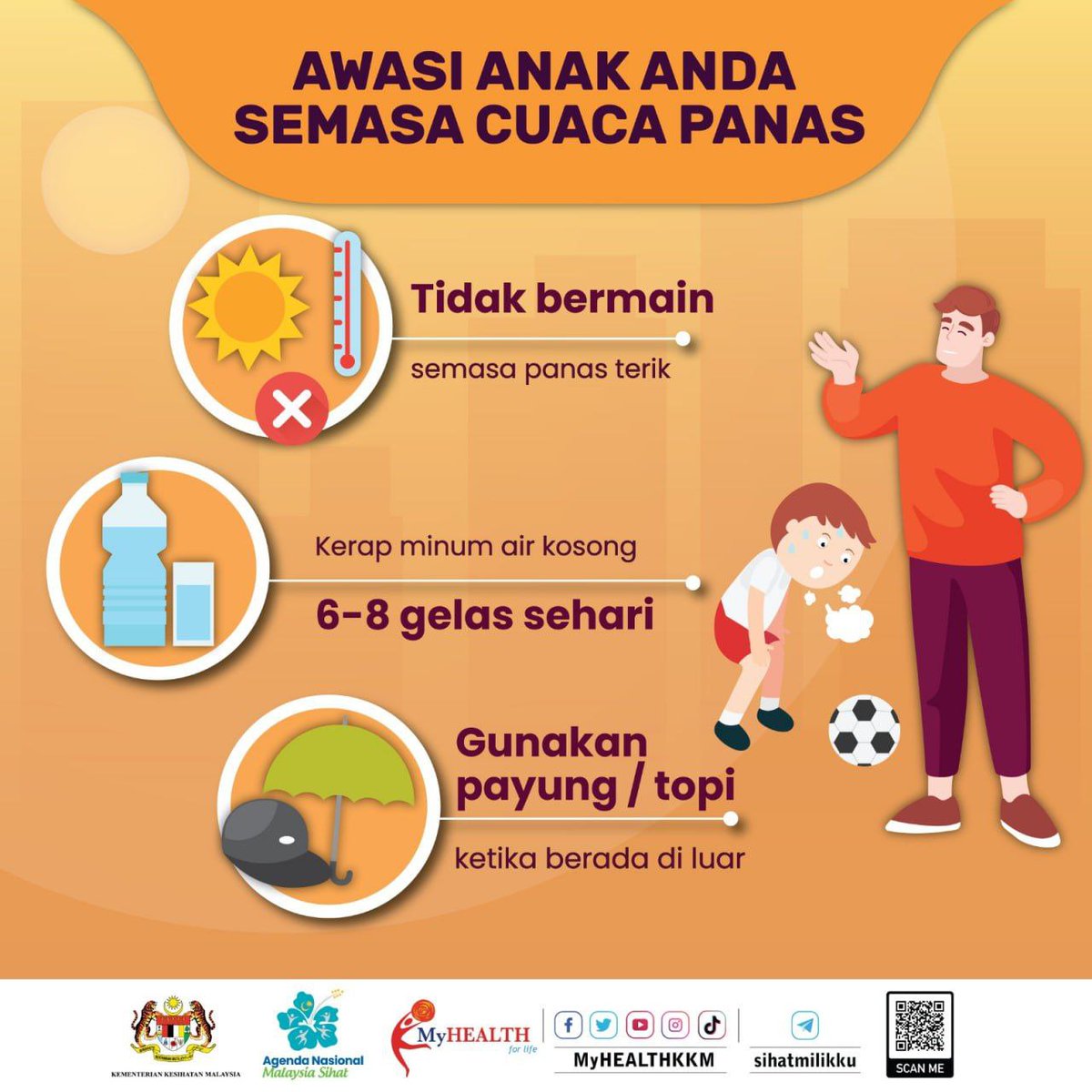 Awasi anak anda semasa cuaca panas.
Pastikan mereka 👦👧

👉 Tidak bermain di luar semasa panas terik ☀️. 
👉 Kerap minum air kosong 🥤.
👉 Gunakan payung ☂️ / topi 🧢 ketika berada di luar.

#ANMS #KekalSihat #sihatmilikku

Sumber:
Bahagian Pendidikan Kesihatan, KKM