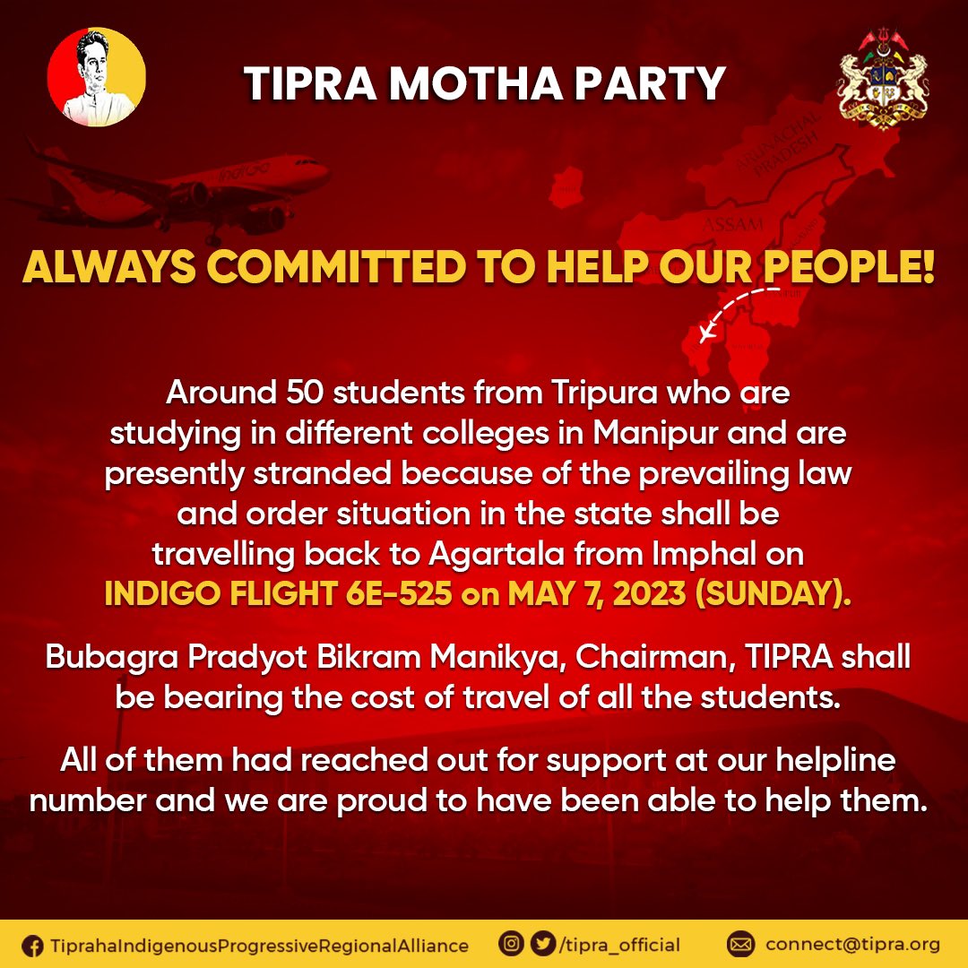 PradyotManikya's tweet photo. About 50 studenta who wanted to come back from Manipur because of the problems there have been given plane tickets so that they can return home and be with their family . I have taken the entire cost of their journey from my personal side . In hard times it's important to stand by our people !