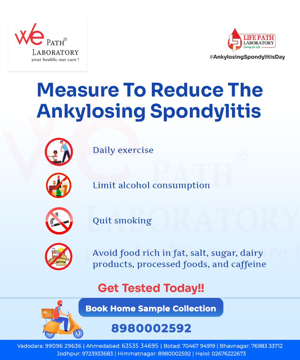 Concerned about chronic back pain? 

Don't wait, get tested for Ankylosing Spondylitis today at our trusted pathology lab. 
Early detection is key for effective management. 

#spondylitis #arthritis #arthritisfoundation #wepathlab #wepathlaboratory #pathology #bloodtest