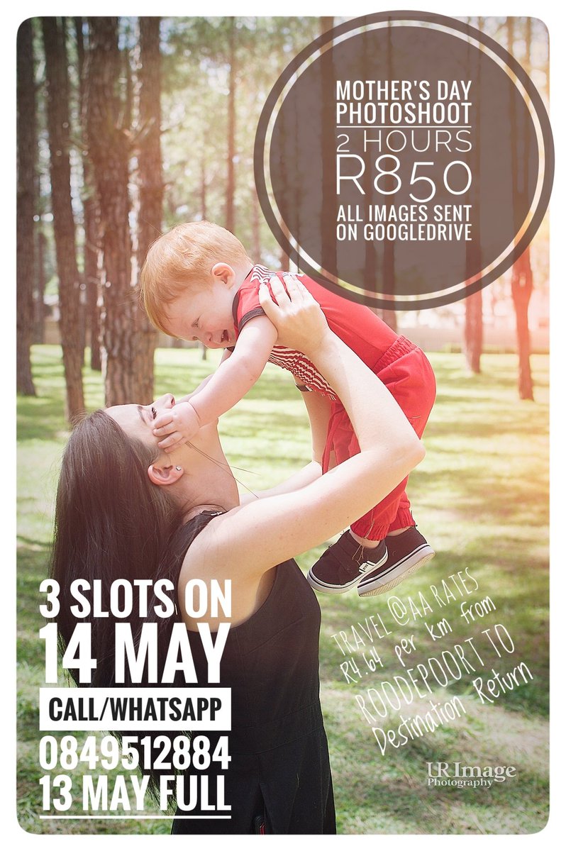 Mother's Day Photoshoots on Mother's Day 14 May.

Outdoor Photoshoot:
3 Photoshoot slots only,
Book yours to not miss this:
🌸📸
Call /WhatsApp: Graham 0849512884  #mothersdaygauteng
#gauteng #roodepoort #bryanston #fourways #sandton #strubensvalley
#northcliffe #sunninghill