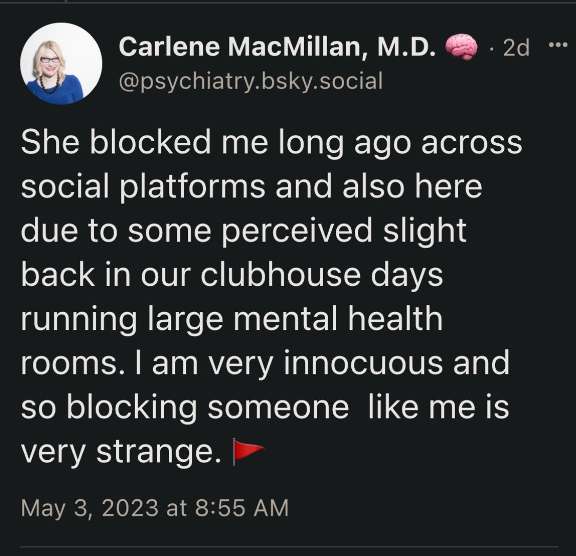estherkhaddad's tweet photo. #DrCarleneMacMillan (the enabler) thinks nothing is wrong when she blocks people, and neither does her perpetrator husband #DrOwenMuir. But God forbid anyone decides to block them - then they consider “blocking someone like them very strange”. Which begs the question WHY? As other alleged victims wrote it’s THE #ENTITLEMENT
Who on earth do these two think they are? God? Last I heard blocking is a right given to all users. Their sense of entitlement is huge.
#DrCarleneMacMillan is far from being innocuous as she claims; she is anything but innocuous. What a #joke… If anything they are #Manipulators, #Liars, #Cheaters She cheated on her 1st husband and texted our late daughter Mona about it. Is that considered innocuous?
No. It’s #unethical, #unprofessional, besides showing a person’s true character: someone who #cheats by definition is #dishonest and #evil
#Grief #SuicidePrevention #ChildLoss #SuicideAwareness #BereavedParents #MissYou #LoveYouAlways #SiblingLoss #BreakTheStigma #EndTheStigma #MentalHealthAwarenessMonth #MentalHealthMatters #WeHaveToTalkAboutIt
#DrOwenMuir aka #ScottMuirMD aka #OScottMuirMD aka #OwenScottMuirMD #CarleneMac #bklynminds #FermataHealth #OsmindHQ #CarleneMacMillanMD @arcalinea