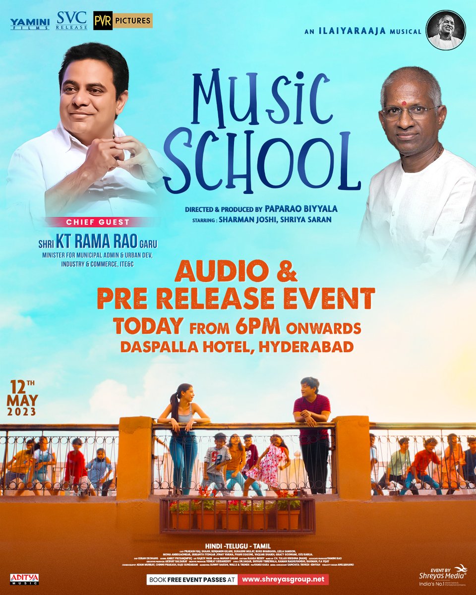 Bless yourselves as we tug at your hearts with a Magical Musical Night with #MusicSchoolMovie Audio & Pre-release Event 💥🤩 to be graced by Honorable Minister @KTRBRS Garu.

🗓️ Today from 6 PM
📍 Daspalla Hotel, HYD.

Book Free Event Passes Here:
🎟️bit.ly/MusicSchoolPR