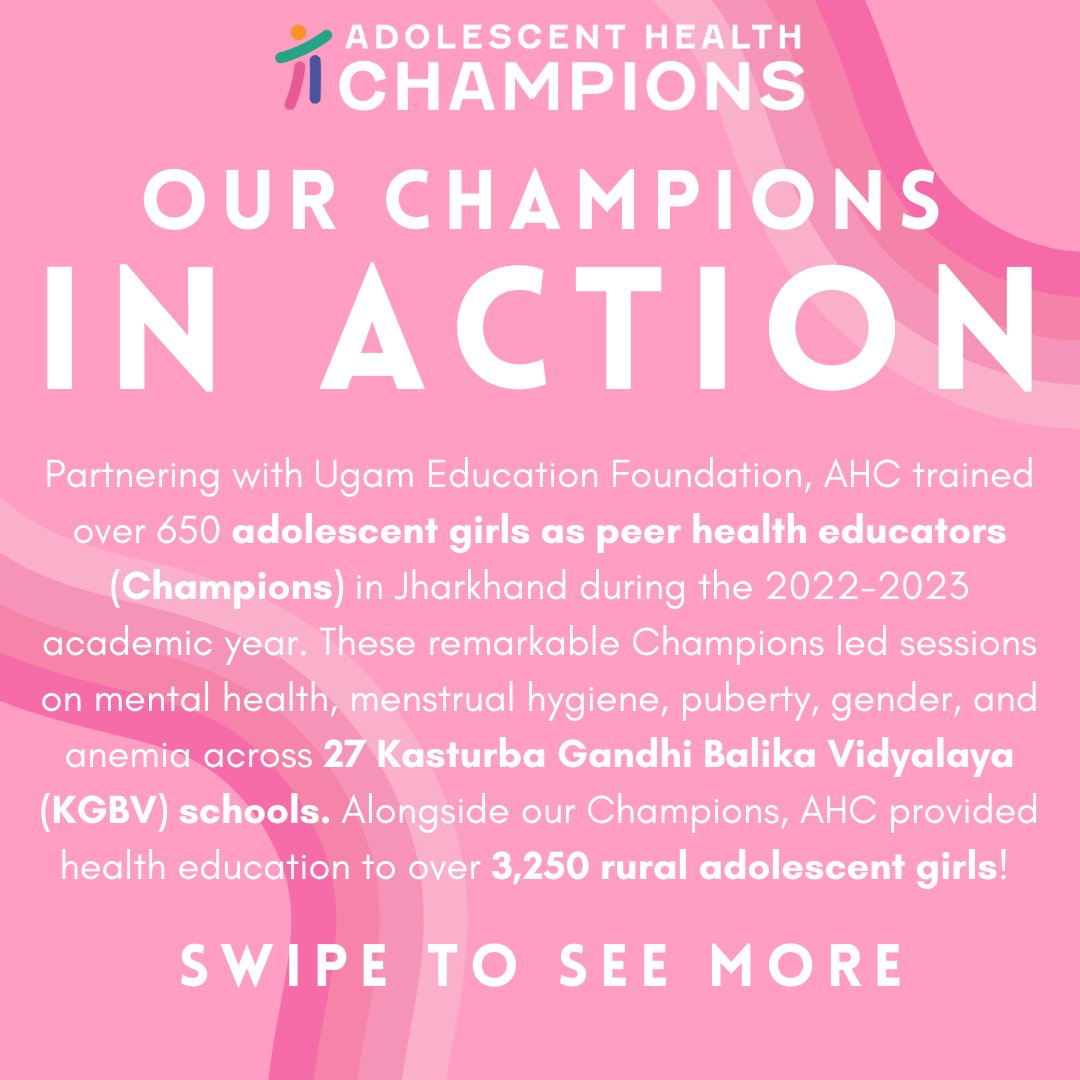 AHChampions's tweet photo. AHC is thrilled to share that our first year of working in Jharkhand was a great success! Working with our partners, Ugam Education Foundation (UEF), we launched our flagship Champion peer health education program in 27 KGBV schools in Jharkhand in the 2022-2023 academic year. https://t.co/Abm7HJp878