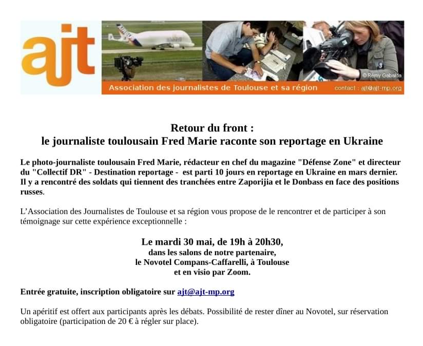📣 Rendez-vous mardi 30 mai à #Toulouse avec l' <a href="/ajtmipy/">AJT</a> pour écouter le témoignage de Fred Marie, journaliste toulousain de retour d'Ukraine.
Inscrivez-vous ➡️ ajt@ajt-mp.org