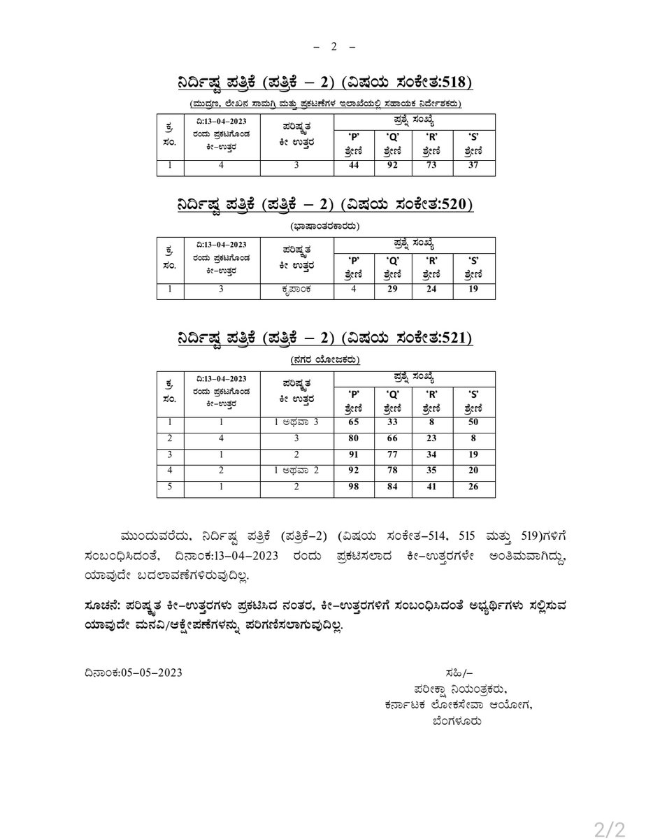 ಆಯೋಗವು ದಿನಾಂಕ:11 &amp; 12-04-2023 ರಂದು ನಡೆಸಿದ ವಿವಿಧ ಹುದ್ದೆಗಳ ಸ್ಪರ್ಧಾತ್ಮಕ ಪರೀಕ್ಷೆಗಳ ಪರಿಷ್ಕೃತ ಕೀ ಉತ್ತರಗಳನ್ನು ಪ್ರಕಟಿಸಲಾಗಿದೆ /Revised Key answers for the examination held on 11th &amp; 12-04-2023 to the various Group-B posts published. #kpsc