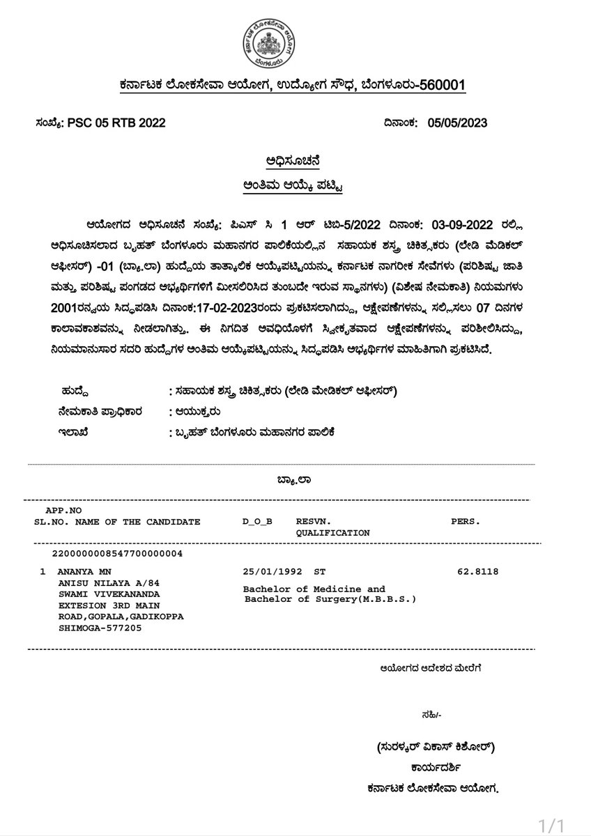 ಸಹಾಯಕ ಶಸ್ತ್ರಚಿಕಿಸ್ತರು (ಲೇಡಿ ಮೆಡಿಕಲ್ ಅಫಿಸರ್ ) ಹುದ್ದೆಗಳಿಗೆ ಅಂತಿಮ ಆಯ್ಕೆ ಪಟ್ಟಿಯನ್ನು ಪ್ರಕಟಿಸಲಾಗಿದೆ / Final Select list for the post of Lady Medical Officer in BBMP published.#kpsc
