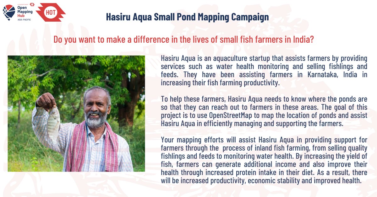 openmapping_ap's tweet image. Join us in promoting sustainable agriculture practices &amp;amp; food security to make a positive impact on the lives of farmers in #Karnataka #India with @hasiruaqua.
Start mapping:
👉tasks.hotosm.org/projects/14658
👉tasks.hotosm.org/projects/14659

#mapforgood #inlandfishfarming #sustainablefarming