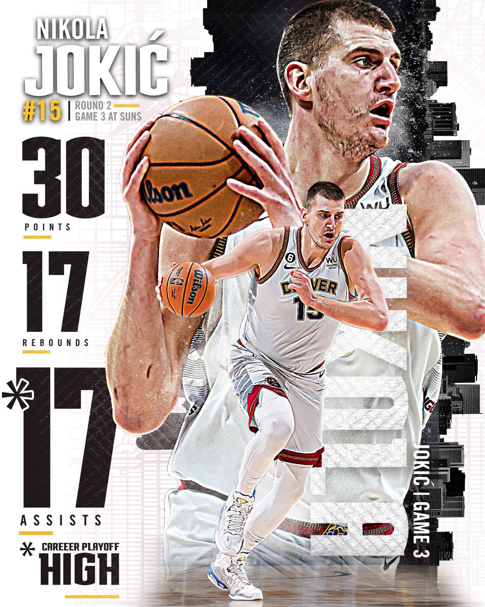 nuggets's tweet photo. Joker is the first player in NBA history to record 25+ points, 15+ rebounds, and 15+ assists in a Playoff game 🃏 https://t.co/hrjgwPjoSj