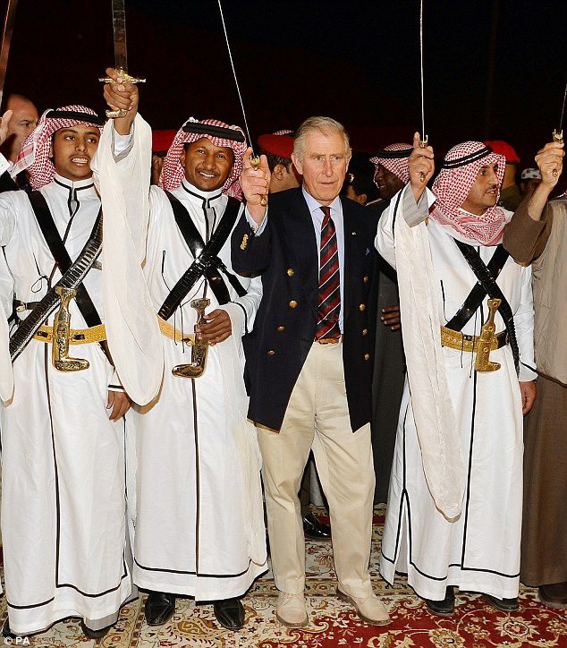 Eman09__'s tweet photo. Looking back when #KingCharles has visited #Saudi_arabia and took part (twice) in traditional Saudi Arabian dance “#Ardha” -sword dance- 

He also undertook a visit to “AlUla”  #UNESCO’s 1st heritage property to be inscribed in Saudi! 

#Coronation https://t.co/iDa2OZDY0N