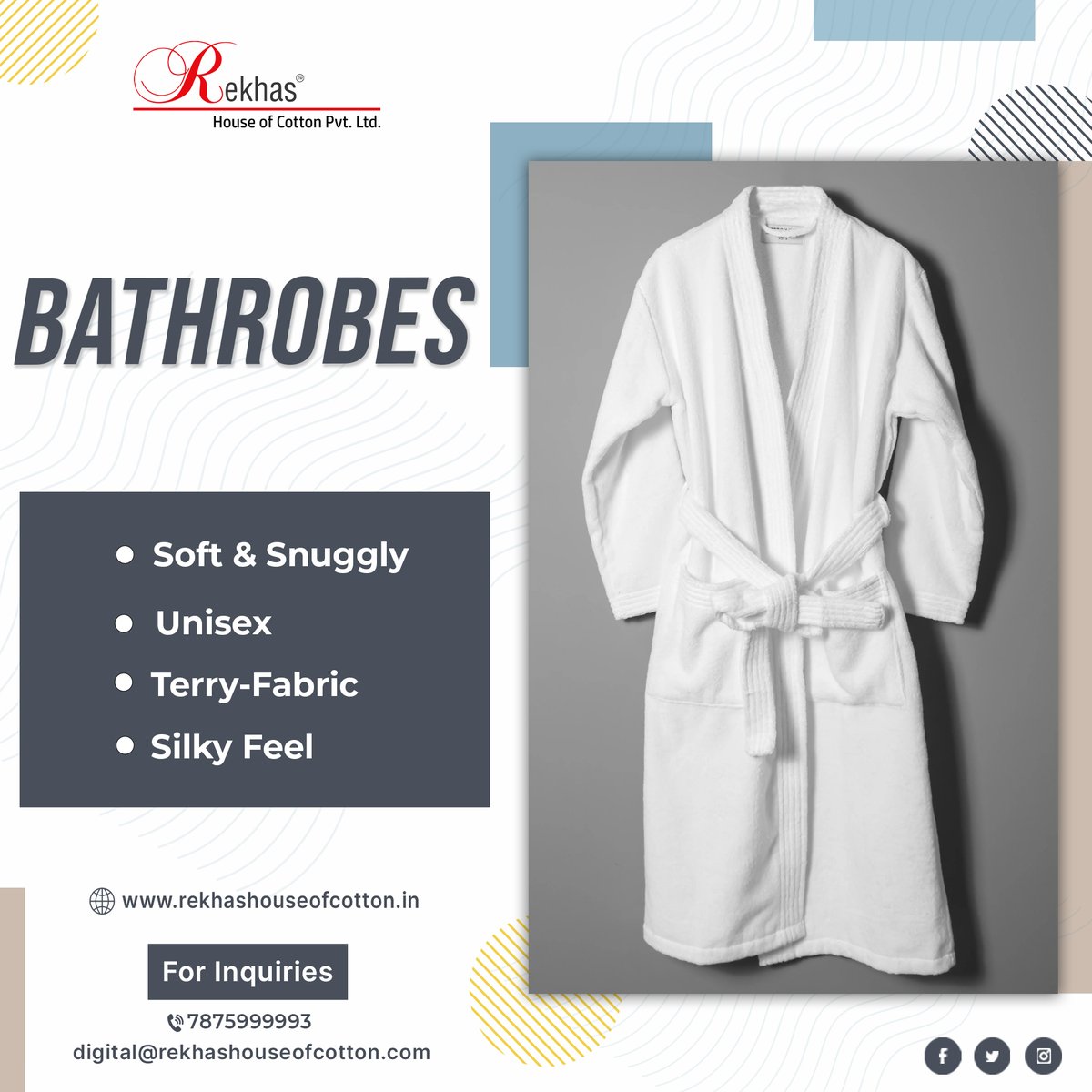 Rekhas_house's tweet image. The Bathrobes from Rekhas House of Cotton are a way lot better than other bathrobes as they are stylish, warm, and luxurious! Grab your Pool towels in Chennai from Rekhas House of Cotton - India's leading manufacturer of all Linen products.
For inquiries DM us
#bathrobes