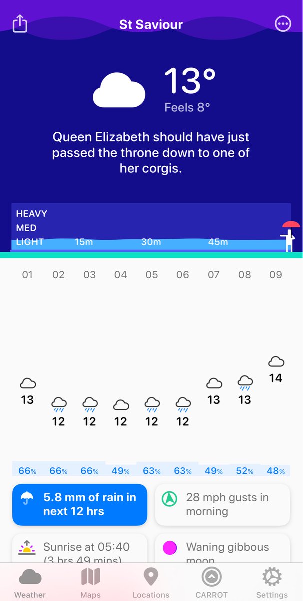 JSYRSOWNER's tweet photo. @CARROT_app always makes me laugh with the hilarious weather forecasts! 😂 https://t.co/uWGlqCXZRI