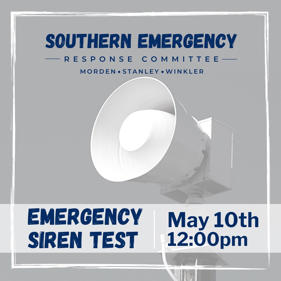 SERCManitoba's tweet photo. There will be a test of the Emergency Warning Sirens &amp; Systems on May 10th at noon. 

This test ensures our systems are working properly. 

No action required, as this is only a test. 

Spread the word!

#emergencypreparednessweek #mbstorm https://t.co/vpsEJVHfkl