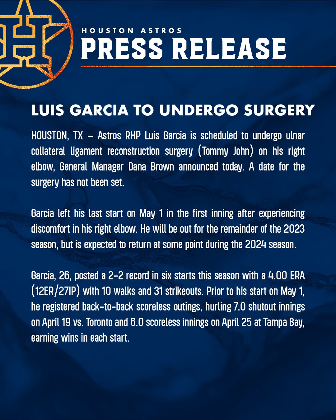 Houston Astros on X: Congratulations to Luis Garcia for being