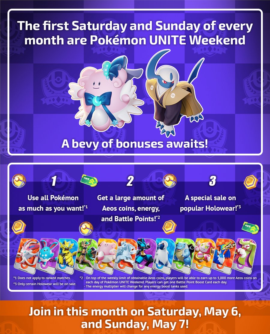 PokemonUnite's tweet photo. #PokemonUNITE Weekend has begun! Earn extra Aeos Coins, enjoy more trial licenses, get increased amounts of Aeos Energy, and check out discounts on popular Holowear! https://t.co/T3gq24AhAL