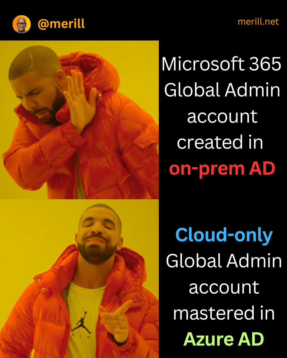 merill's tweet image. Did you know that Microsoft recommends creating your Global Admin accounts in the cloud to protect Microsoft 365 from on-premises attacks?

See aka.ms/protectm365 for all the details.