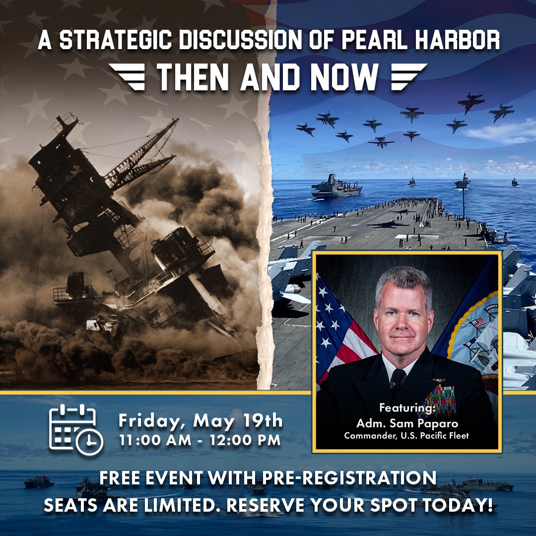 Join us Friday, May 19th for a Hangar Talk with special guest, Adm. Paparo, Commander, U.S. Pacific Fleet Command, for a Strategic Discussion of Pearl Harbor: Then and Now. Register to attend in-person or virtually pearlharboraviationmuseum.org/events/hangar-…
