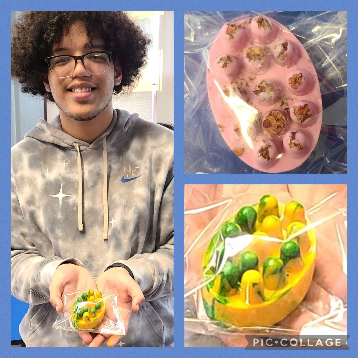 LHSCraftsClub's tweet photo. Diogenes created this amazing 2-color
soap massage bar.  The colors are so vibrant &amp; he chose a shea, mango, &amp; cocoa butter soap base blend https://t.co/4dM12GYCHq