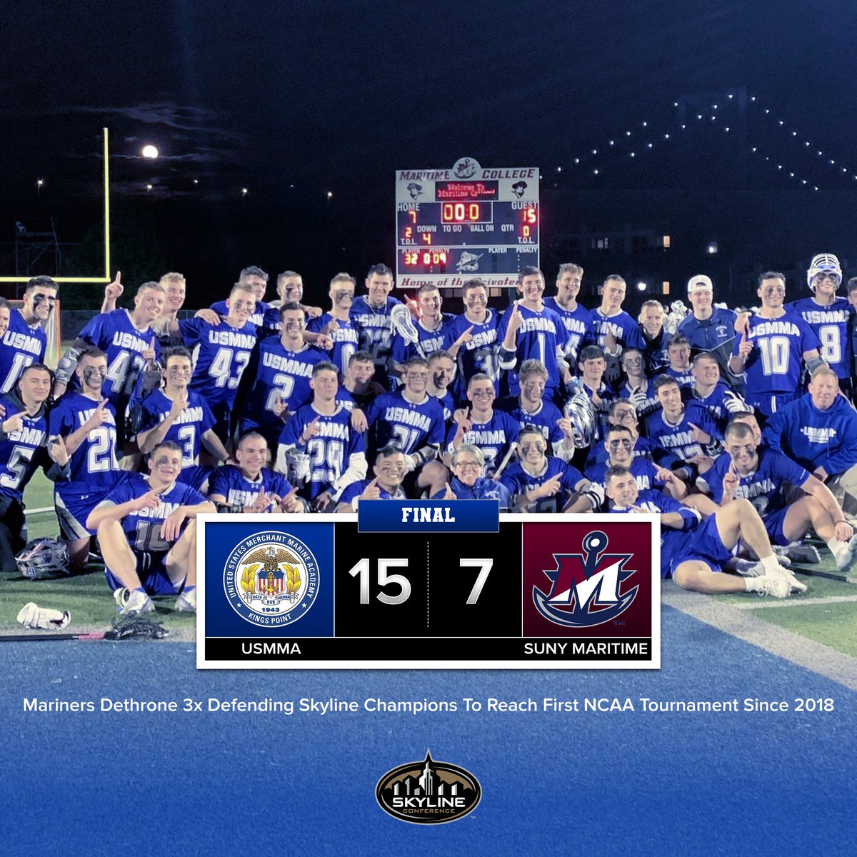 USMMA_Athletics's tweet photo. Hey Siri:  Play "We Are The Champions" by Queen 👑🏆 

#CHAMPS #d3lax #SkylineMLAX #OURAcademy #BeUnstoppable @USMMA_menslax https://t.co/k9oL4RvRh8
