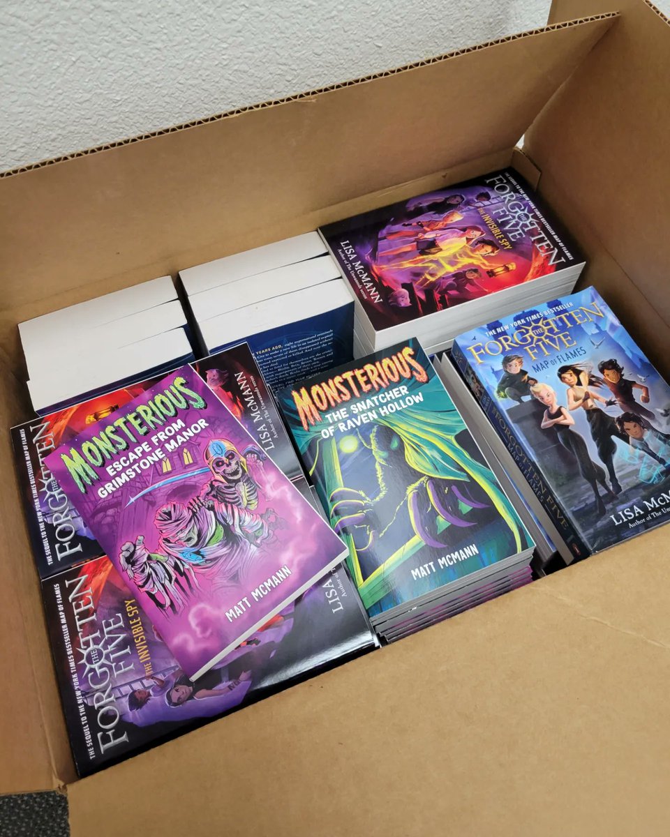PinaplLibrarian's tweet photo. Super excited! Picked up our pre-orders today in anticipation of our author event @Ashland_Ranch with Lisa and Matt McMann on Tuesday!!! @lisa_mcmann @matt_mcmann #theforgottenfive #monsterious https://t.co/MbwR3B4eij
