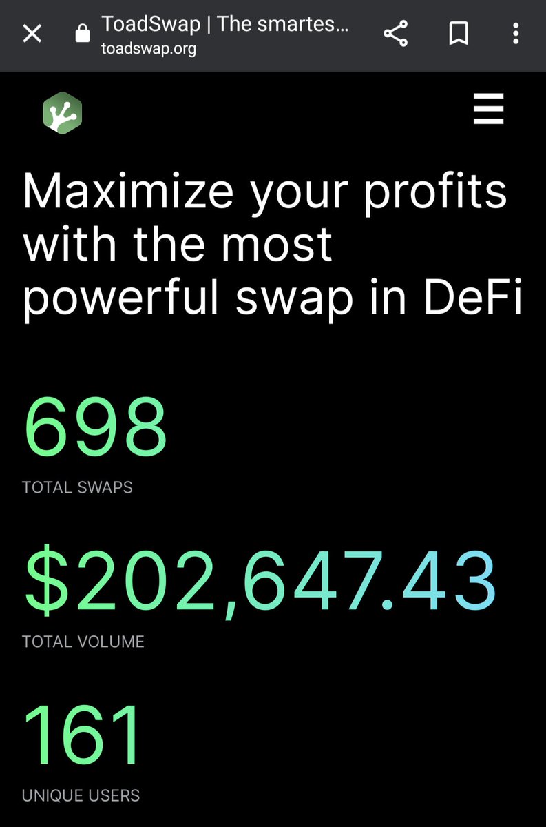 #ToadSwap has achieved a significant milestone by surpassing $200,000 in volume today. This achievement marks the beginning of an exciting journey ahead for the project.

The swap is currently undergoing a major reskin, and an intuitive referral program is on the way. A way to
