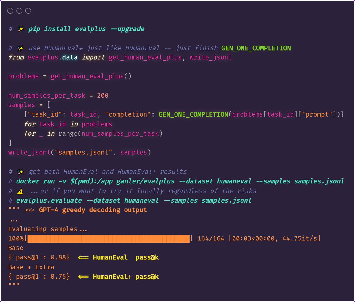 We welcome everyone to try out 📚𝐇𝐮𝐦𝐚𝐧𝐄𝐯𝐚𝐥+! A dataset to reflect the "real" correctness of LLM-generated code. 

Using📚𝐇𝐮𝐦𝐚𝐧𝐄𝐯𝐚𝐥+ is the same as HumanEval. You can easily pip install it and evaluate in our prepared sandbox (optional). github.com/evalplus/evalp…
