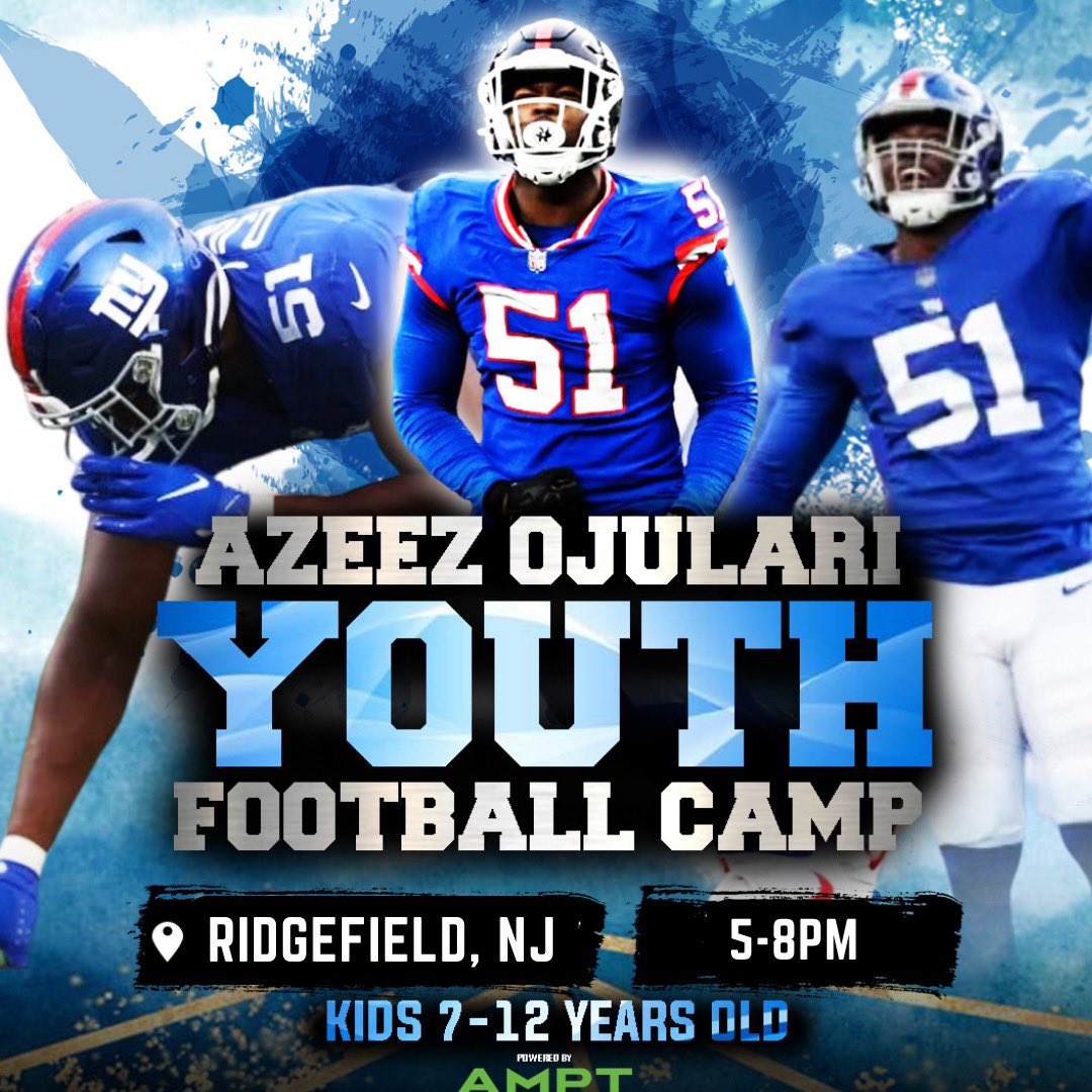 Athletes Making Progress Together (@ampt_group) on Twitter photo Want to learn from an #NFL Linebacker? <a href="/_Azeez_8/">Azeez Ojulari</a> will be hosting his #YouthFootball camp on May 20th in Ridgefield, NJ. Come get instruction from the best of the best!
Visit us online at ➡️ amptevents.com/azeez-ojulari Want to learn from an #NFL Linebacker? <a href="/_Azeez_8/">Azeez Ojulari</a> will be hosting his #YouthFootball camp on May 20th in Ridgefield, NJ. Come get instruction from the best of the best!
Visit us online at ➡️ amptevents.com/azeez-ojulari