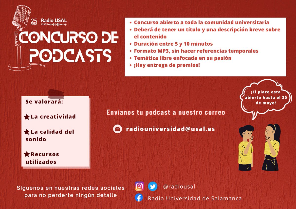 🚨¡Concurso a la vista! 🚨
<a href="/RadioUSAL/">Radio USAL</a> de la <a href="/USAL/">Universidad de Salamanca</a> organiza su I Concurso de Podcasts. 
📌Hasta el 30/05/2023
📌Abierto a toda la comunidad universitaria
📌Temática libre
📌Entre 5 y 10 minutos
🟢Toda la info: radio.usal.es/participa-en-e…