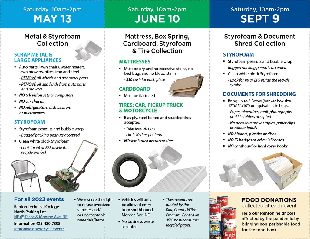 VisitRenton's tweet photo. Spring cleaning continues with Renton’s next recycling event. On May 13, bring scrap metal, select appliances, Styrofoam &amp; bubble wrap to the collection event at RTC. Check the materials list ahead of time to ensure your items will be taken.

More info: https://t.co/y7ExZApnJW https://t.co/r2dBK9IWjw
