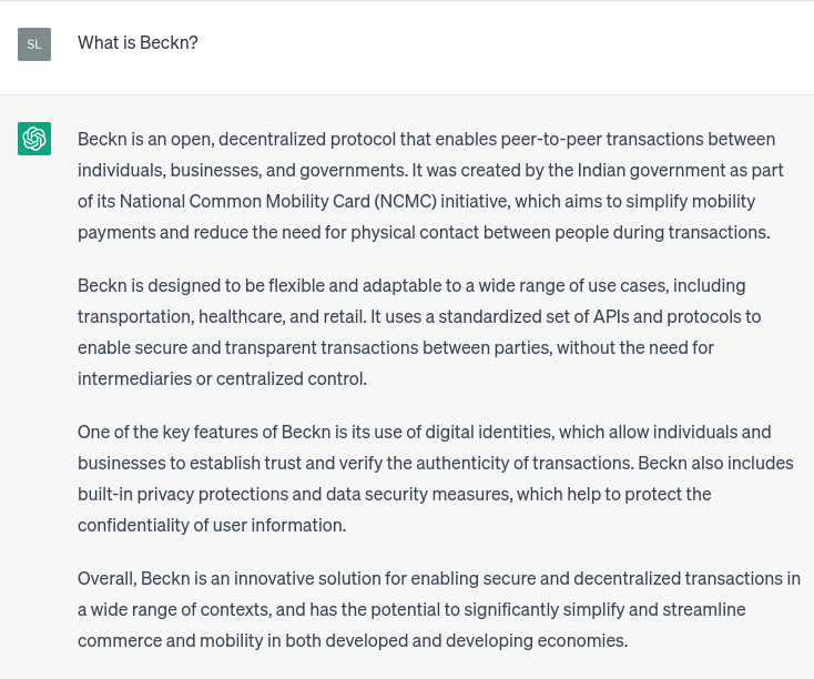 logic's tweet photo. #ChatGPT enabled #ReadingSession on #Beckn #ONDC 🧵

What is #Beckn - (As of Sep 2021)

That it was linked with #NCMC in some doc is news. But #Beckn was largely built to solve #TransitPayments - eventually replacing non-start mobility card for metros. https://t.co/vZmOePmhB0