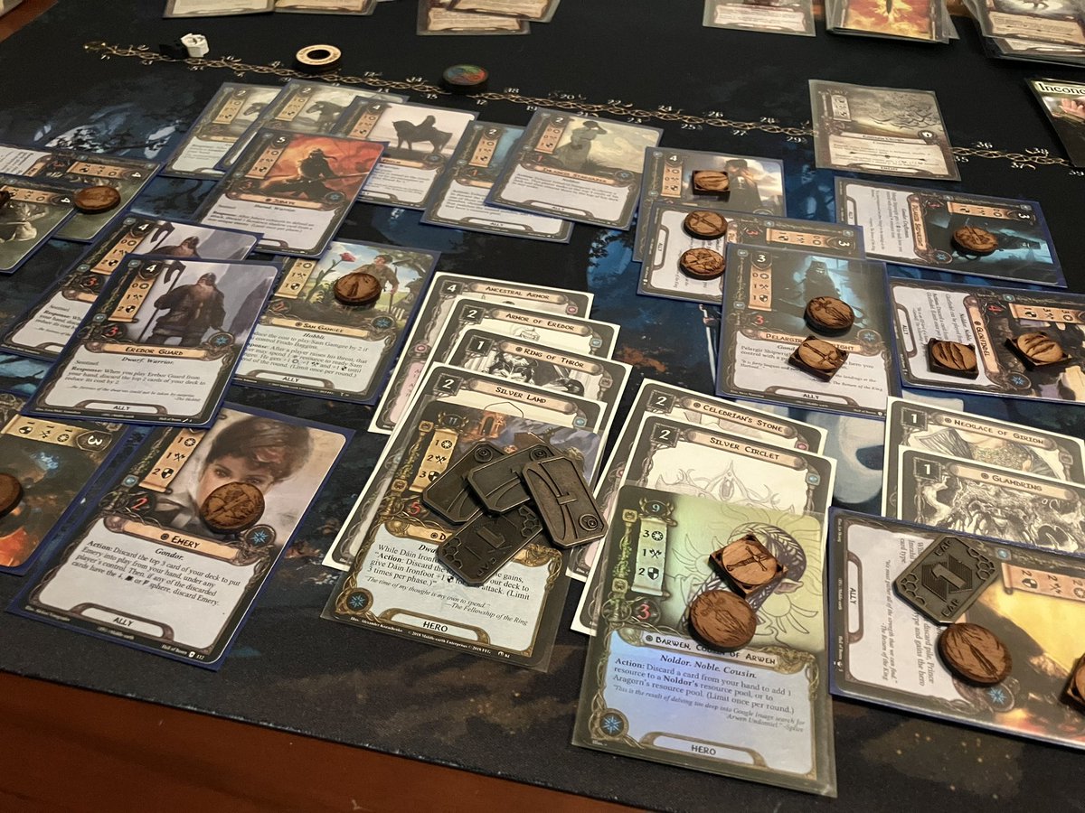 NM Hills of Emyn Muil. This is my turn 1 planning hand and play; have Jimrahil, nail 3 great allies with Emery, Caldara lasts not even one planning phase. Took forever to win, over 45 threat, played like 85% of my allies lol