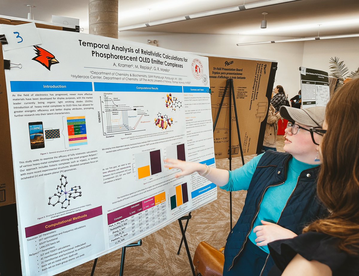 Inorglennistry's tweet photo. @SigmaXiSociety poster sessions always showcase high quality @SUNYPlattsburgh student research. 
Big ups to AK presenting our OLED work before she heads off to U. Buffalo for her PhD! #compchem https://t.co/uNJr1N6Xxx
