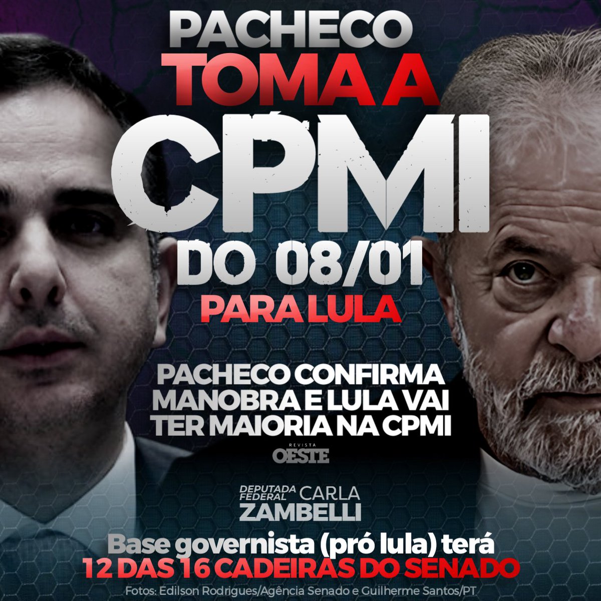 ZambelliRita_'s tweet photo. ABSURDO! A base governista terá DOZE das 16 vagas do Senado na CPMI.

Rodrigo Pacheco ENVERGONHA o Congresso Nacional ao avalizar uma manobra sórdida de Randolfe horas antes da leitura da CPMI na sessão conjunta do Congresso, ou seja, horas antes de sua instauração automática.

Na ocasião, Randolfe Rodrigues pediu para mudar seu partido, a Rede, de bloco. O movimento resultou ao grupo lulista mais uma vaga na comissão segundo a regra aplicada POR PACHECO, que considera o número dos blocos e não dos partidos, como é aplicado na Comissão Mista de Orçamento, por exemplo.

Esta segunda, a regra que considera o número dos partidos, será novamente pleiteada pela oposição formada pelo PL, PP e Republicanos. O senador @rogeriosmarinho, líder da oposição, disse que a oposição recorrerá da ação de Pacheco na CCJ do Senado.