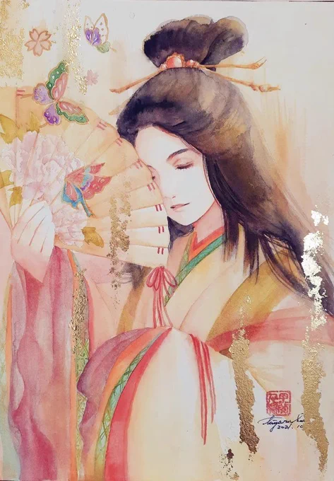 「扇」(2021/個人蔵)  うたたねの朝けの袖にかはるなり ならす扇の秋の初風  (新古今集・式子内親王)  #透明水彩