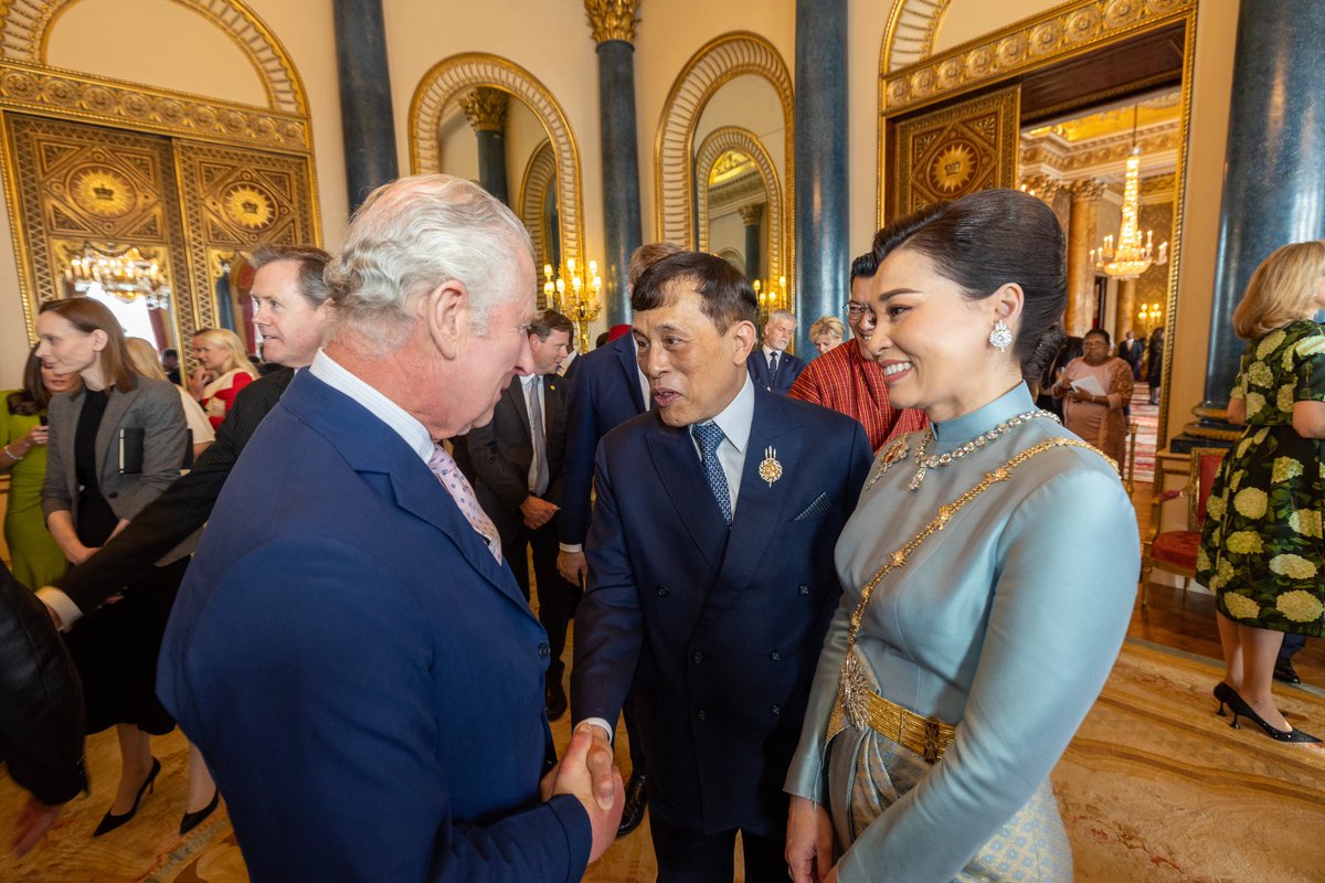 HM King Vajiralongkorn and Queen Suthida met HM King Charles III at Buckingham Palace last night at a reception to celebrate the #coronation which takes place later today.