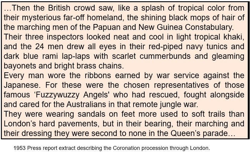 DWB55's tweet image. At the Queen's Coronation 70 years ago, there was a small contingent of 28 men from the remote islands of Papua New Guinea: all policemen, all war veterans.
The Southwest Pacific veterans marched as a small part of the huge procession through London's streets.
#RPNGC 
#PNG #PNGDF