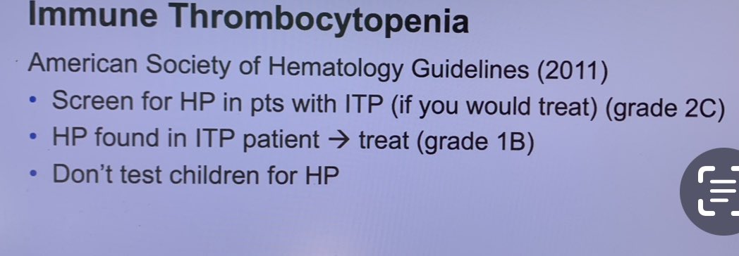 Clinical Pearl of the Day # 2 from Lankenau Grand Rounds with @gbsaff MD from @UCRGastro: ITP is associated with Helicobacter Pylori @BrownJHM @thecurbsiders @COREIMpodcast @DrCindyCooper @davidhenrymd @AriObanMD @EricStarFox @ScottDessain