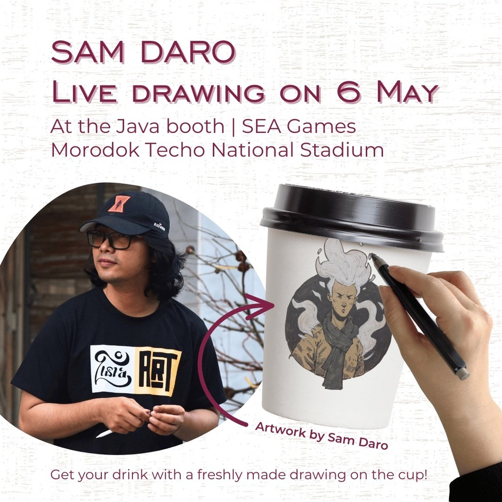 JavaCreativeCaf's tweet photo. For the special occasion of the 32nd SEA Games, Java has invited Sam Daro @orad_mas to be a guest artist at our booth on 6 May! 🎨

While we serve up coffee and cold drinks, Daro will be making fresh drawings on the cups! Free for our customers at the… https://t.co/DVpvg2MOeX https://t.co/XxkZL2Q30I