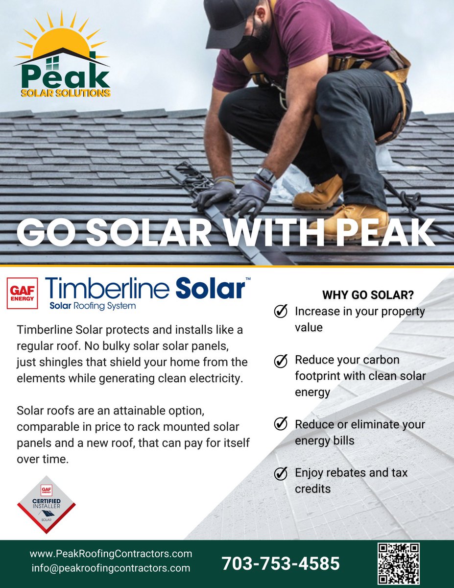 worthapeak's tweet photo. Why go Solar?.. We're glad you asked!

Give our office a call today and speak with one of our GAF #Solar Shingle certified team members to learn why. They're ready to help! ☎️ 703-753-4585 #solarshingles #solarenergy #teampeakroofing #nationalhomeimprovementmonth https://t.co/KqogV4176e