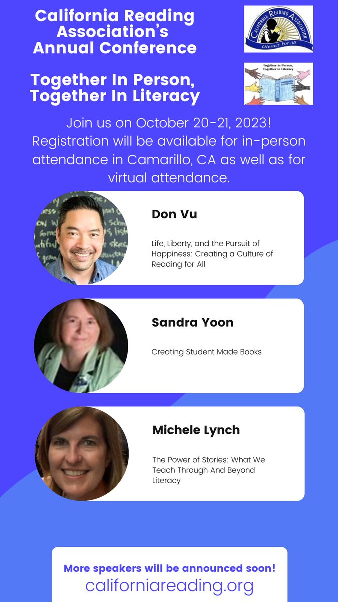 The <a href="/CRAreading/">CA Reading Assoc</a> is proud to announce more speakers at our Annual Conference on October 20-21, 2023.  In-person attendance in Camarillo and virtual attendance will be available soon.  californiareading.org <a href="/drdonvu/">Don Vu</a> <a href="/ILAToday/">ILA</a>