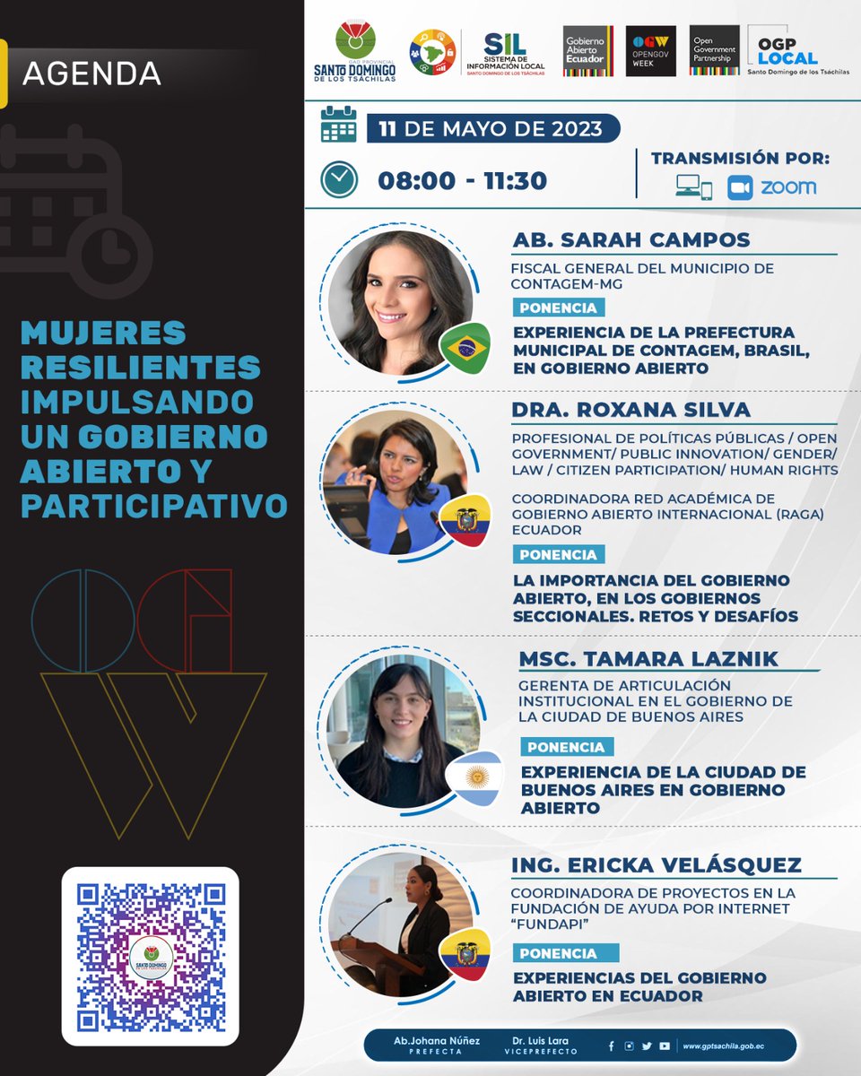 Seremos partícipes de este evento mundial con toda una agenda de temas presentados por expositoras de alto nivel Roxana Mazzola, Marcela Mora, Sarah Campos, Dra. Roxana Silva Ch., Tamara Laznik, y Ericka Velasquez. #OGP #OGPLocal
jueves 11 de mayo,  #OpenGovWeek.👩🏻‍💻🧑🏻‍💻