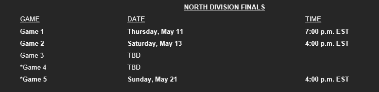 nickbarden's tweet photo. #Marlies announce the times for their home games of the North Division Finals (vs. either Syracuse or Rochester).

Tickets will go on sale on Saturday at 2PM EST, in case anyone is wondering. https://t.co/vml13GI4is