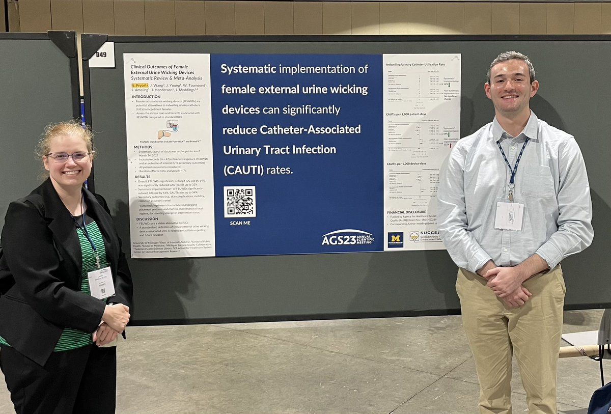 Congrats to Dr. Jennifer Meddings &amp; intern Nicholas Pryor presenting at #AGS2023 on their systemic review of the external female urinary wicking devices. #InfectionPrevention #nursing #CAUTI