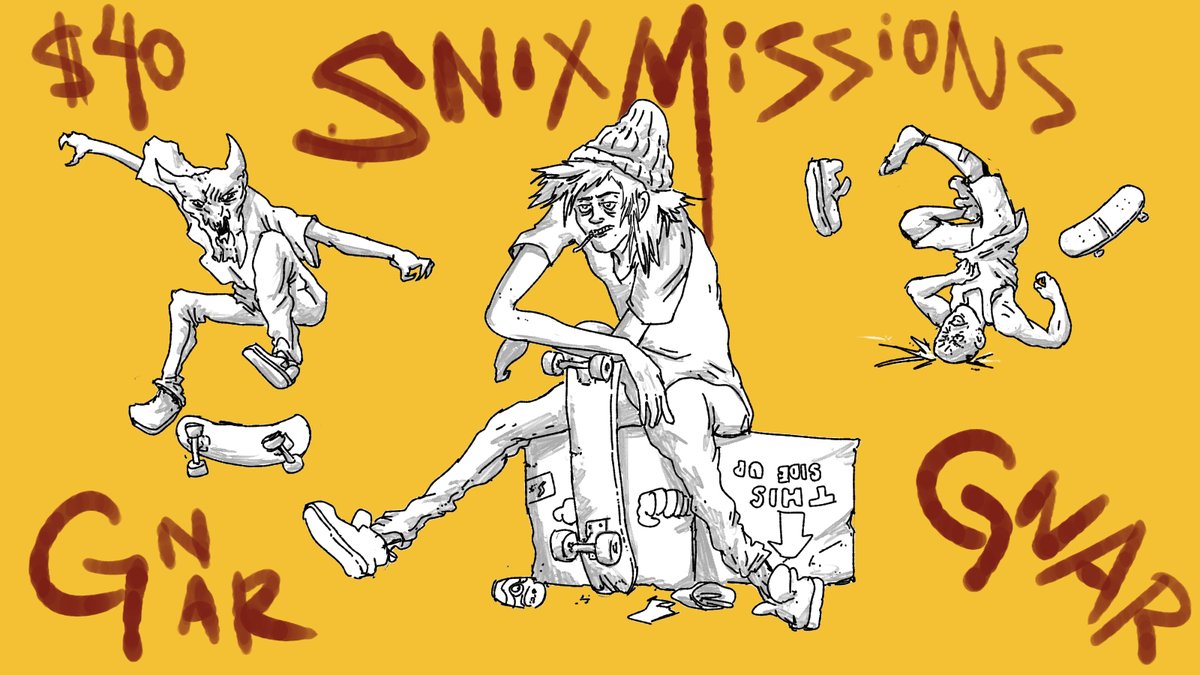 YOUR CHARACTER AS A GNAR GNAR SKATER!! $40!!
I want to buy a sword so I'm doing some simple quick commissions.
$40 bucks for whatever or whoever you want as a sk8r b0i. Or an irl skateboarder doing something that’s not skating, your choice.
Only quick ones, no revisions or color.