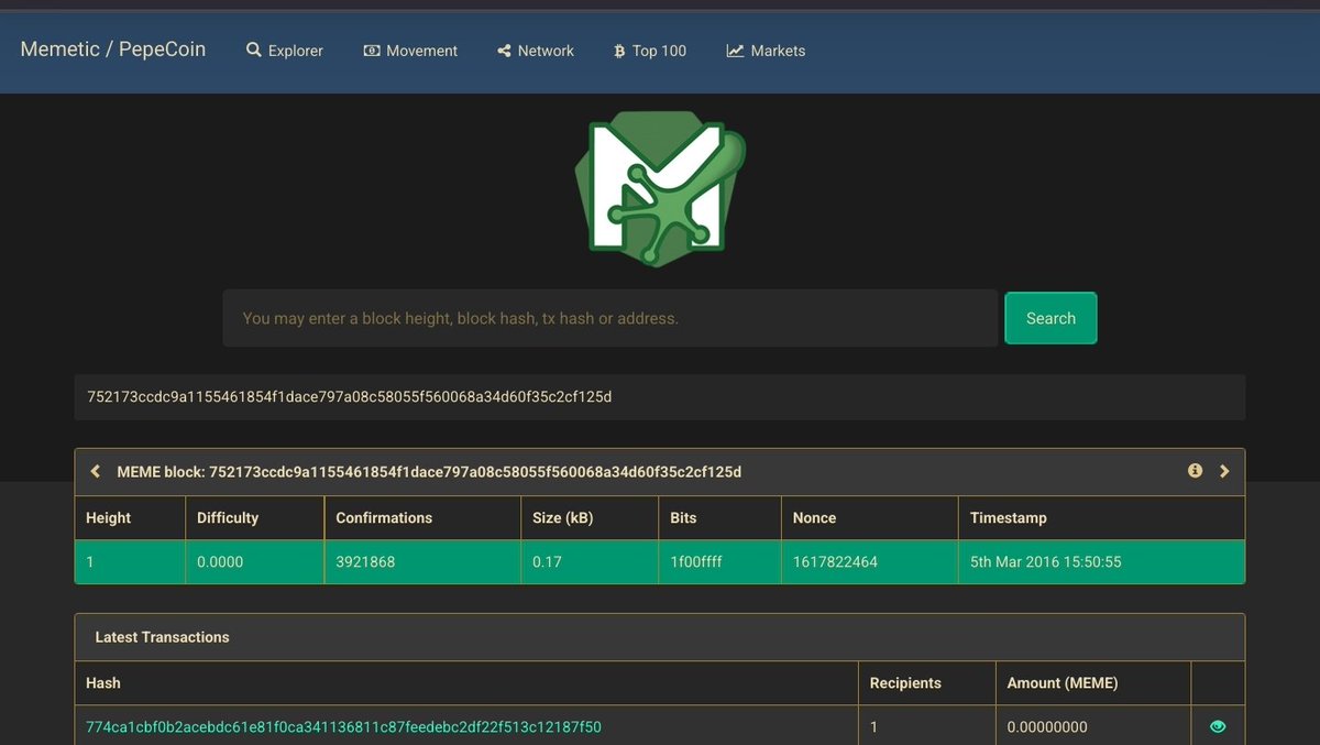 pepecoins's tweet photo. #PepeCoin Genesis block 
5th Mar 2016 15:50:55 UTC 
https://t.co/P1cvyEFv16 https://t.co/Xk3KHRxg7i